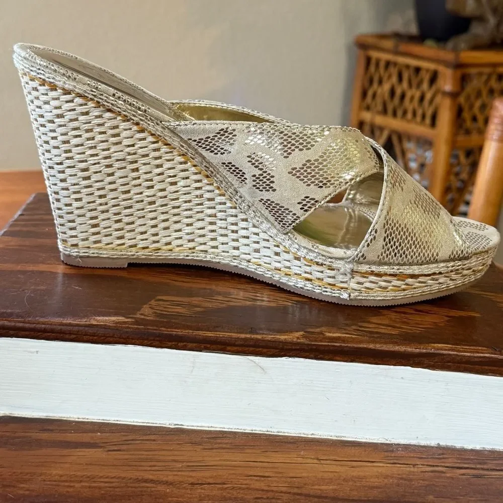 Bolaro By Summer Rio Animal Print Metallic Wedge Sandals Gold and Cream Size 10